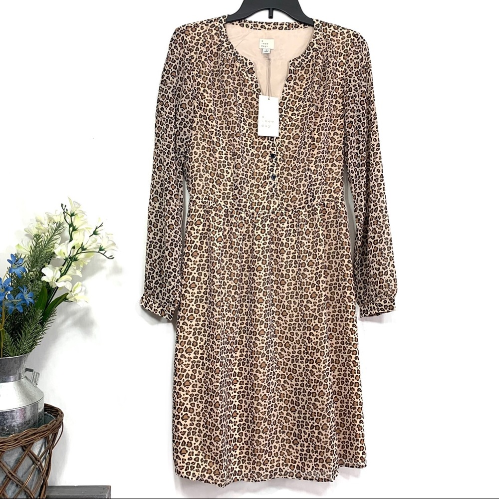 A New Day Women’s Leopard Print V-Neck Long Sleeve Dress - Animal Print - NWT